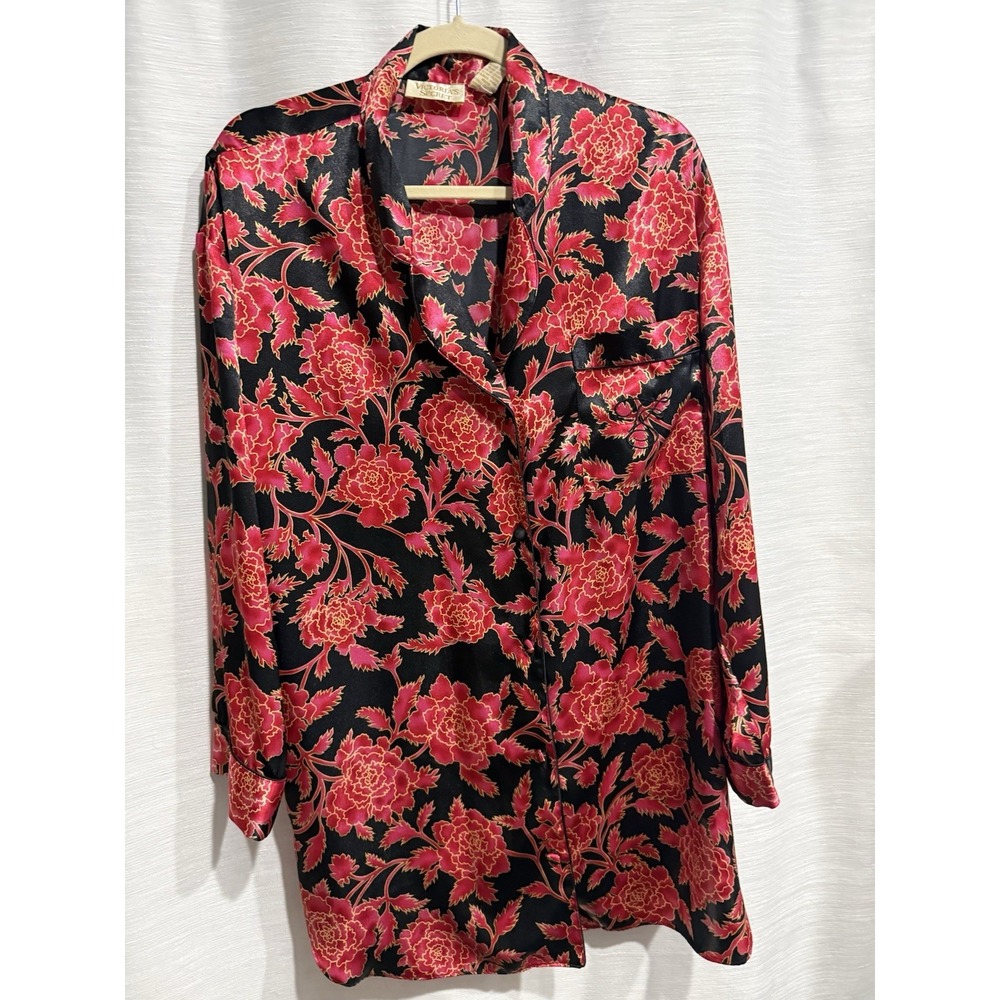 Vintage Gold Label Victoria Secret Button Down Red Floral Black Semisheer Sz M